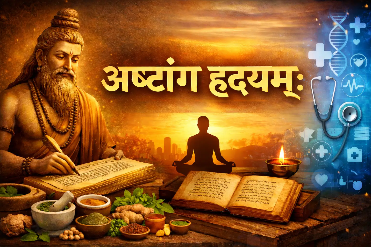 अष्टांग हृदयम्: आयुर्वेद का महान ग्रंथ | रोग, सिद्धांत, लाभ और आधुनिक उपयोग
